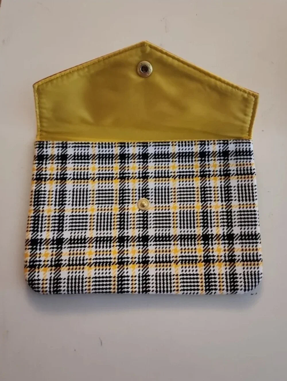 IPSY Yellow Black Plaid Envelope Cosmetic Makeup Bag Clutch Pouch Snap Button